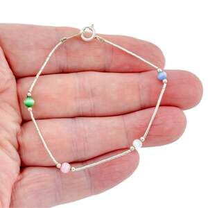 1990's Sterling Silver Multicolor Cat’s Eye Glass Bar-and-Bead Bracelet 7 In